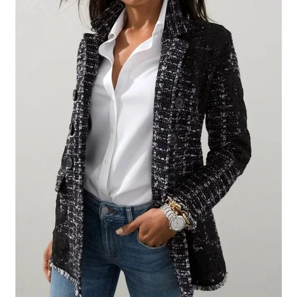 Chico's Tweed Lace Embroidered Metallic Cardigan Jacket Sweater Blazer Size 3 XL - Picture 1 of 16